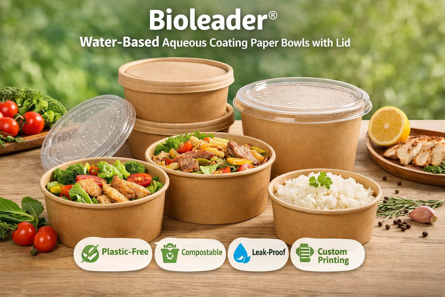 Bioleader® Water-Based Aqueous Coating Paper Bowls with Lids in various sizes, filled with fresh salads, rice, and noodles. Eco-friendly, plastic-free, compostable, and leak-proof packaging for sustainable foodservice.