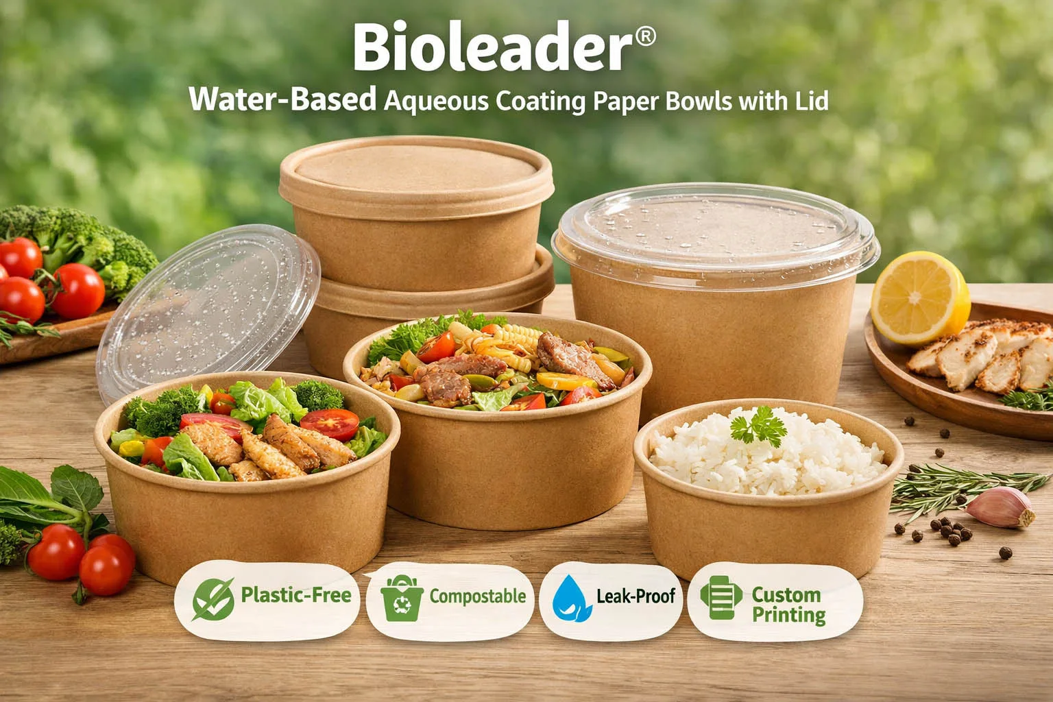 Cuencos de papel con tapa Bioleader® Water-Based Aqueous Coating en varios tamaños, rellenos de ensaladas frescas, arroz y fideos. Envases ecológicos, sin plástico, compostables y a prueba de fugas para un servicio de comidas sostenible.