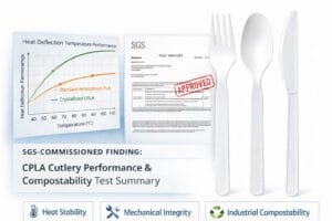 CPLA set di posate valutato in test commissionati da SGS per resistenza al calore, integrità meccanica e conformità alla compostabilità industriale EN 13432