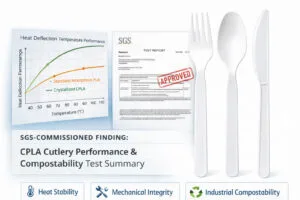CPLA cutlery set evaluated under SGS-commissioned testing for heat resistance, mechanical integrity, and EN 13432 industrial compostability compliance