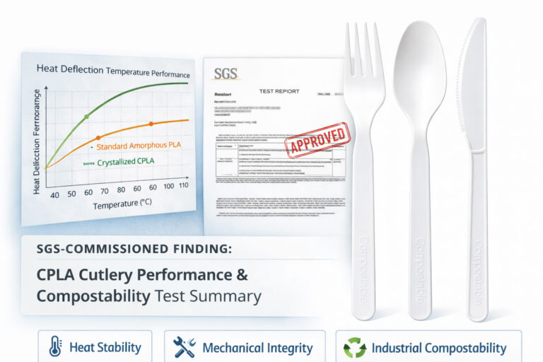 Relatório de teste de talheres CPLA: Resistência ao calor, força e prontidão para compostagem industrial (encomendado pela SGS)
