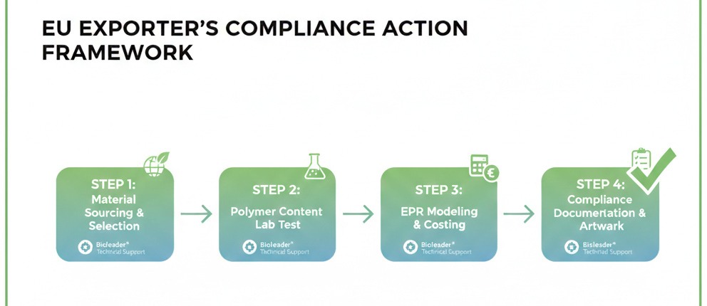 A 4-step compliance action framework for EU paper cup exporters including material sourcing, polymer testing, EPR modeling, and documentation supported by Bioleader.