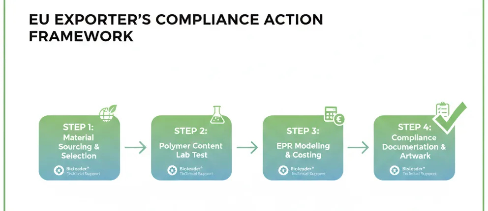 A 4-step compliance action framework for EU paper cup exporters including material sourcing, polymer testing, EPR modeling, and documentation supported by Bioleader.