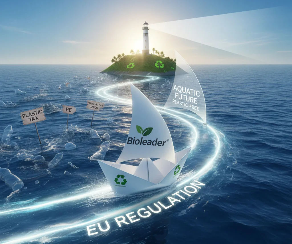 An illustrative conceptual image of a Bioleader paper boat navigating through EU Regulation waters from plastic taxes and PE/PLA towards a plastic-free aquatic future.