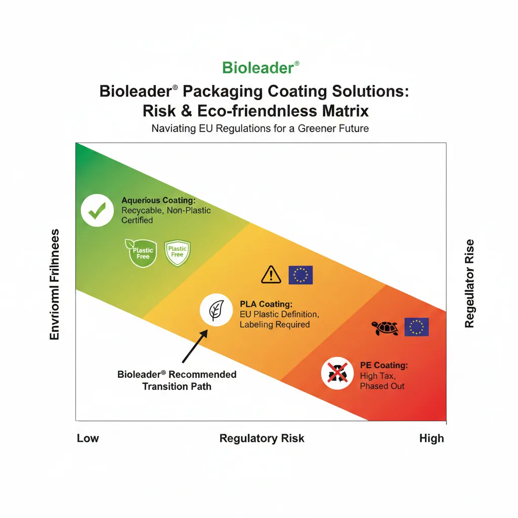 Comparative matrix of PE, PLA, and Aqueous coating for paper cups under EU SUPD regulations by Bioleader.
