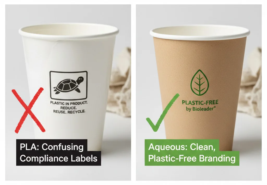 Side-by-side comparison of a PLA paper cup with a mandatory plastic turtle logo versus a Bioleader aqueous coated cup with a clean plastic-free branding.