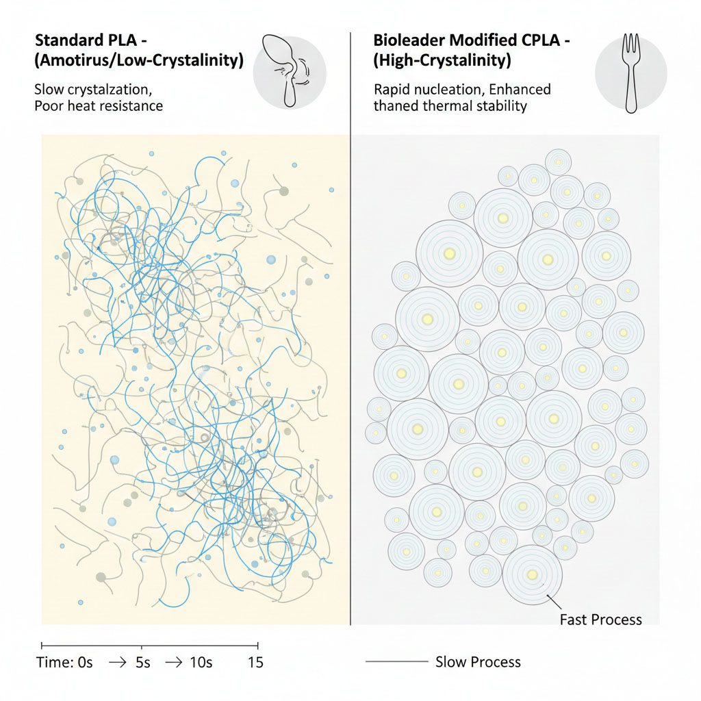 A technical diagram comparing the crystallization kinetics of standard amorphous PLA and Bioleader Modified CPLA. It shows how mineral nucleating agents accelerate spherulite growth for enhanced thermal stability.