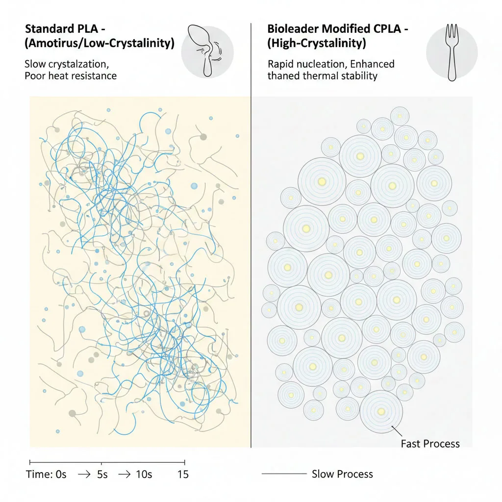 A technical diagram comparing the crystallization kinetics of standard amorphous PLA and Bioleader Modified CPLA. It shows how mineral nucleating agents accelerate spherulite growth for enhanced thermal stability.