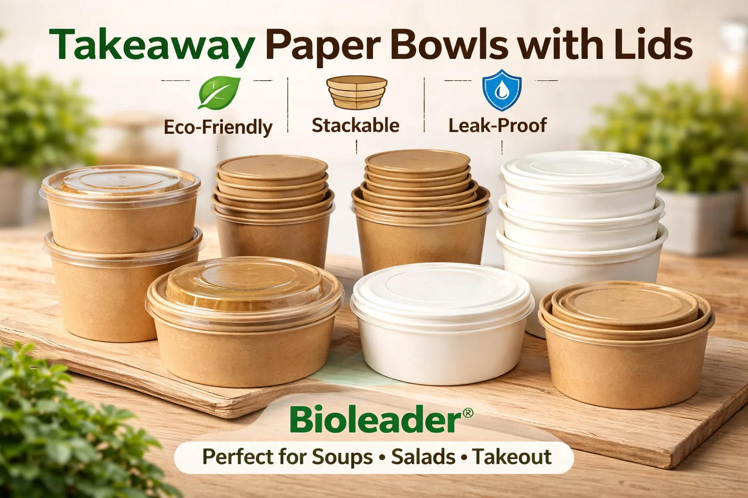 Takeaway Paper Bowls with Lids | Eco-Friendly, Takeout togo, Stackable & Leak-Proof | Bioleader®