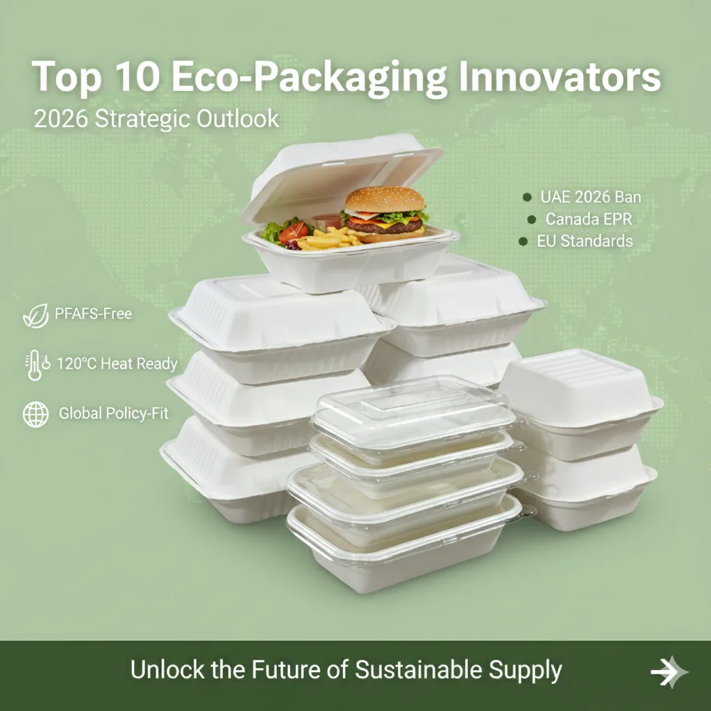 Infographic of Top 10 Eco-packaging Innovators for 2026 showing stacked PFAS-free bagasse food containers with 120°C heat resistance and global compliance markers for UAE and Canada.