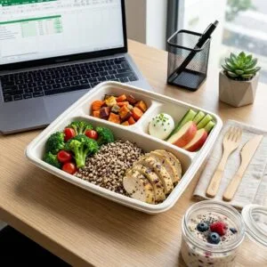 Caixa bento de bagaço de 1000 ml com 3 compartimentos, embalada com refeição para levar