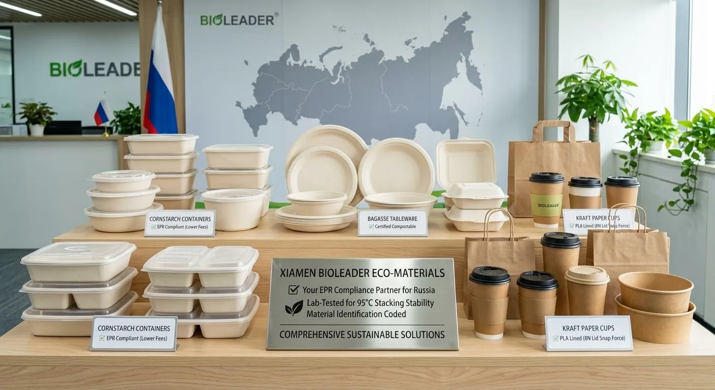 Xiamen Bioleader Eco-Materials full range of sustainable tableware for the Russian market, showcasing EPR compliant and 95°C lab-tested cornstarch, bagasse, and kraft paper products for foodservice professionals in 2026.