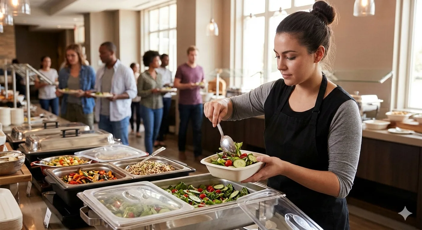 Woman serving fresh salad into a compostable bowl at a professional buffet station - Bioleader sustainability tips
