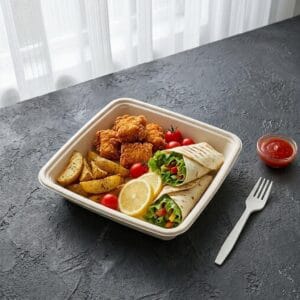 9"x9" sugarcane food container with lid for home meals and food storage