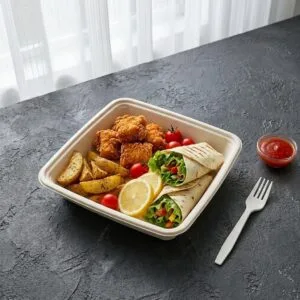 Recipiente para alimentos de cana-de-açúcar de 9 "x9" com tampa para refeições caseiras e armazenamento de alimentos