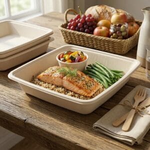 9″x9″ Sugarcane Food Container with Lid (1000ml) | Bioleader® Bagasse Tray