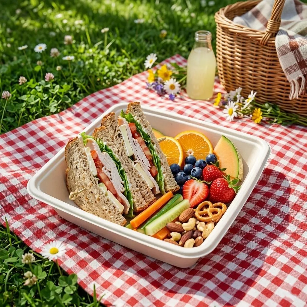 Récipient alimentaire en canne à sucre de 9 "x9" avec couvercle pour les repas de pique-nique