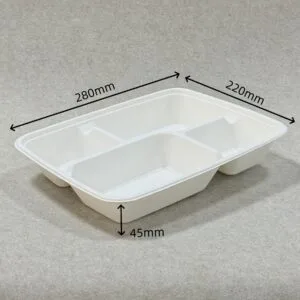 Apresentação de um único produto da lancheira compostável de 4 compartimentos com tampa Bioleader, mostrando a estrutura de bagaço moldado, os compartimentos divididos e o design sem plástico para embalagens de refeições para levar.