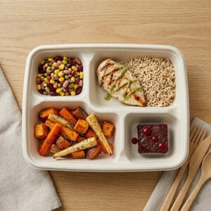 バイオリーダー堆肥化可能な4コンパートメント・ランチ・コンテナに調理済み食品を詰め、持ち帰りサービス、食事の準備、ケータリング、持続可能な食品プレゼンテーションのための実使用性能を実証。.
