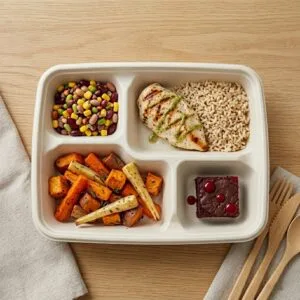 Contentor compostável Bioleader de 4 compartimentos para almoços, cheio de refeições preparadas, demonstrando o desempenho em condições reais de utilização para serviço de takeaway, preparação de refeições, catering e apresentação sustentável de alimentos.