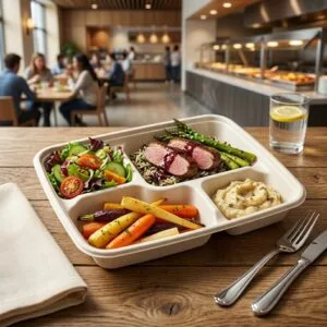 Lancheira compostável de 4 compartimentos com alimentos para refeições para levar para casa