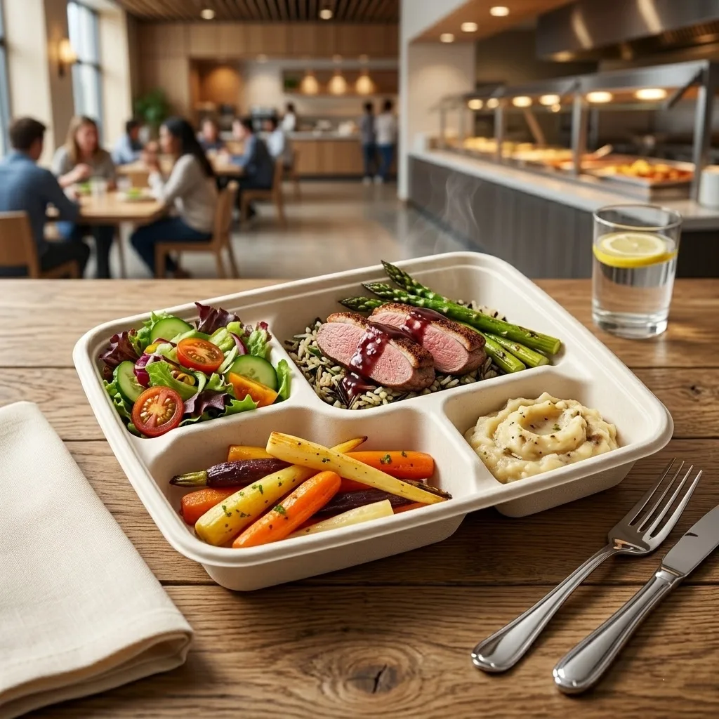 حاوية غداء قابلة للتحويل إلى سماد مكونة من 4 حجرات معبأة بأطعمة الوجبات الجاهزة للعرض في الوجبات الخارجية