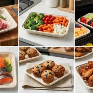 Composteerbare bagasse schalen voor biefstuk groenten fruit zalm muffins en kippenvleugels