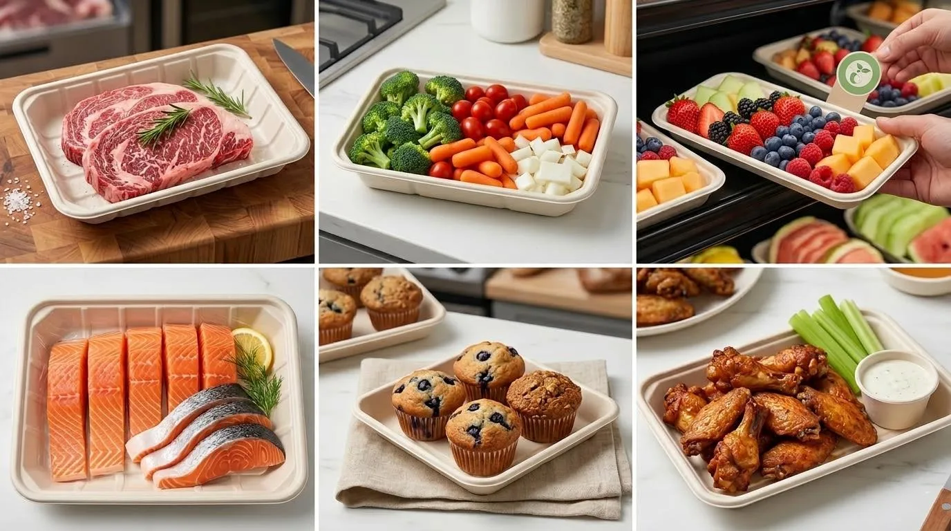 Kompostierbare Bagasseschalen für Steaks, Gemüse, Obst, Lachsmuffins und Hähnchenflügel