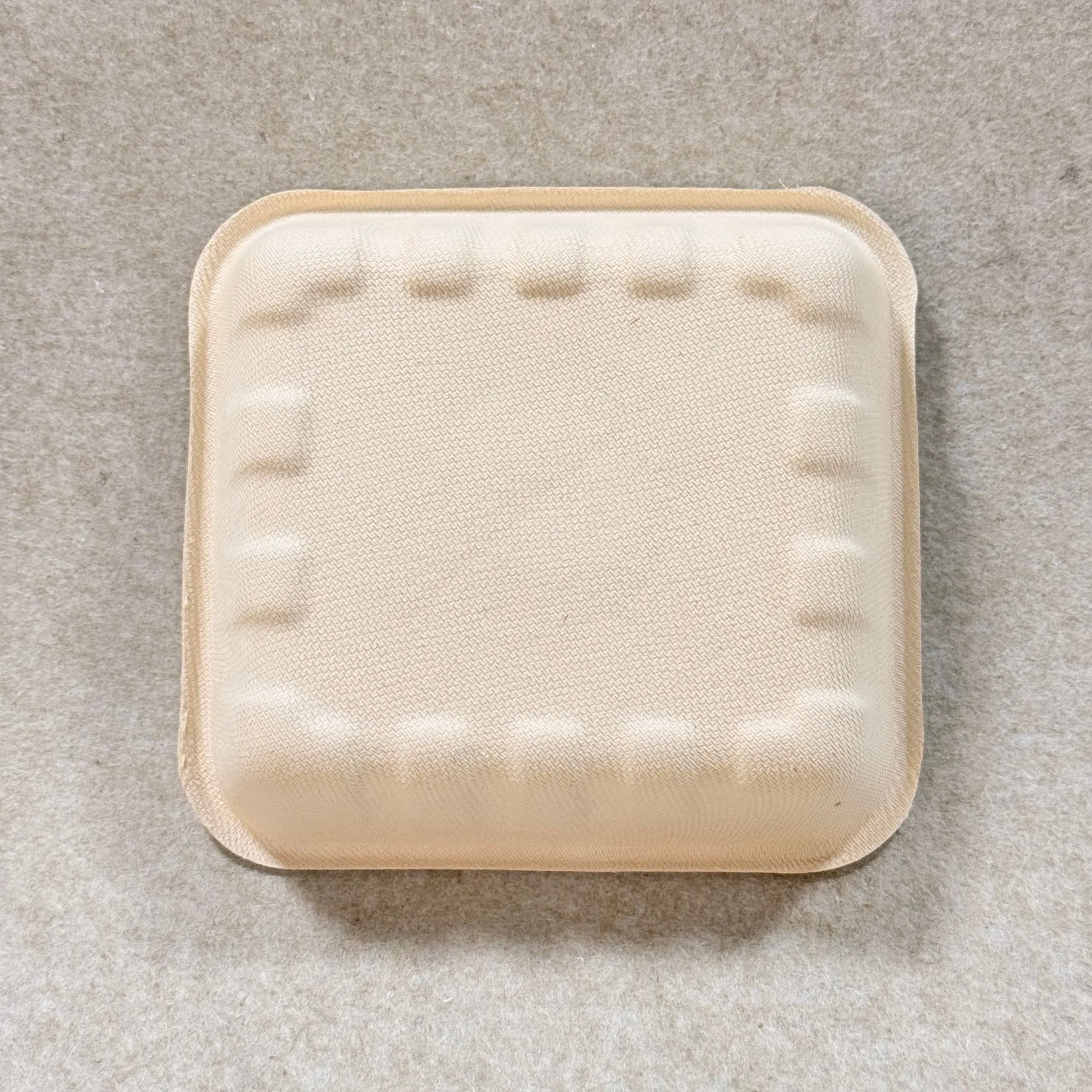 Detalle de la bandeja de setas compostables que muestra la textura de la pulpa moldeada y el acabado de los bordes