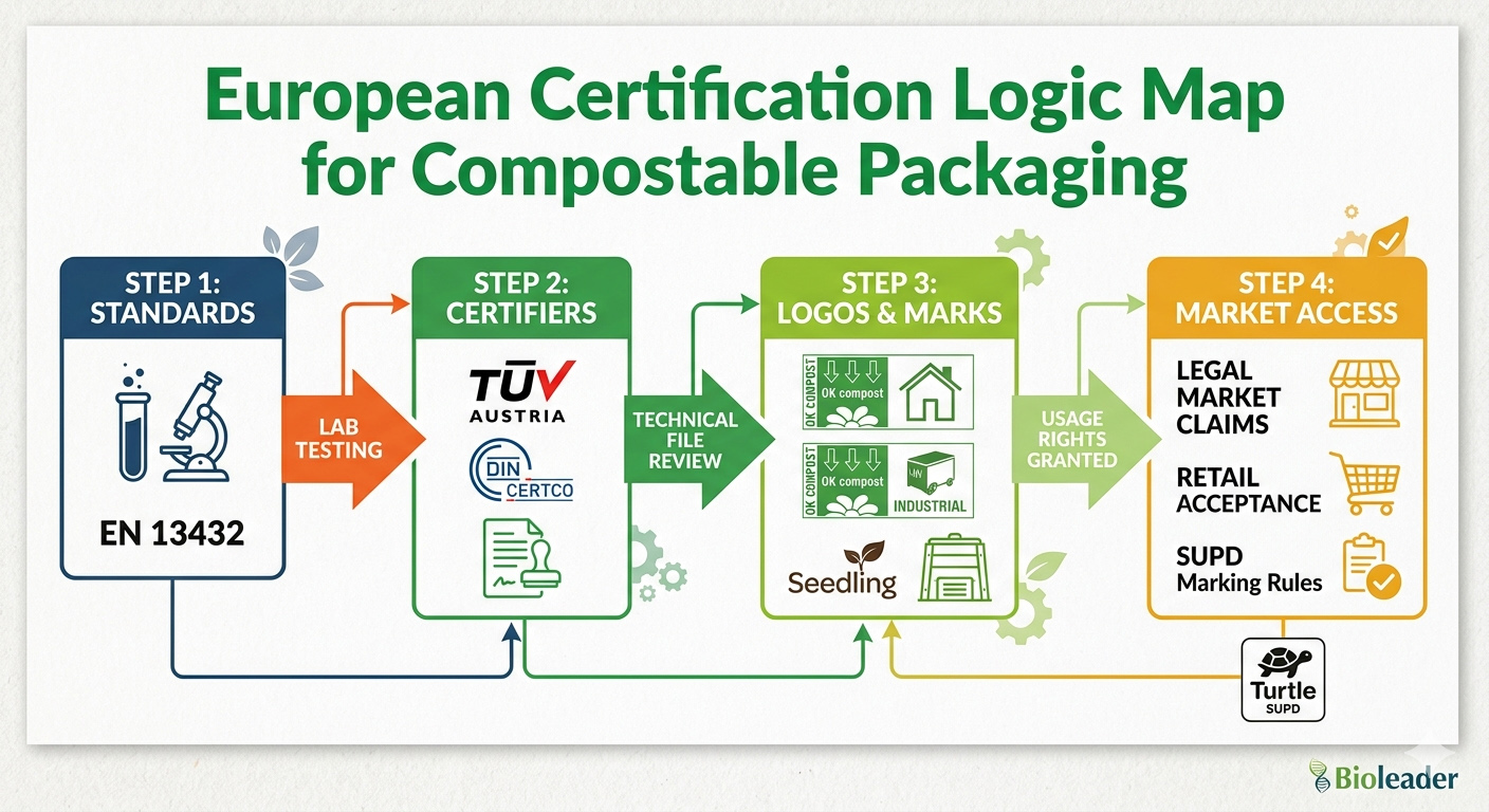 Europees stappenplan voor certificering van composteerbare verpakkingen, inclusief EN 13432, TÜV OK-compost en Seedling-logo