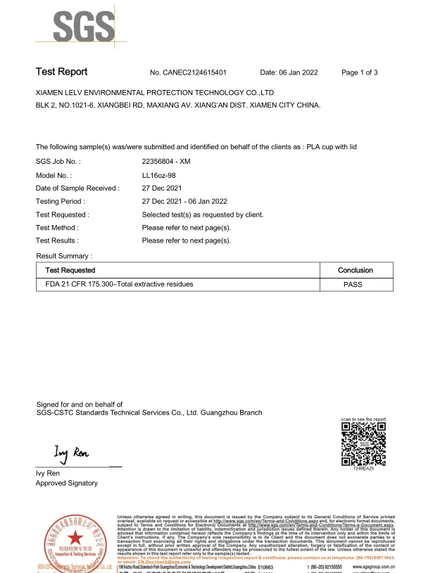 FDA-21CFR SGS - Compostable PLA Cups