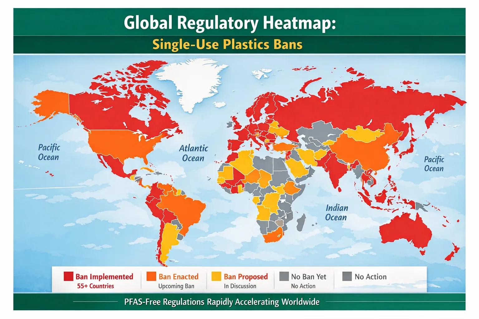 Mapa de calor regulatorio global que muestra cómo las prohibiciones de plásticos de un solo uso están remodelando el abastecimiento de envases libres de PFAS en 2026