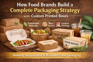 Food packaging strategy image featuring custom printed boxes, kraft packaging, bagasse containers, and branded food packaging solutions