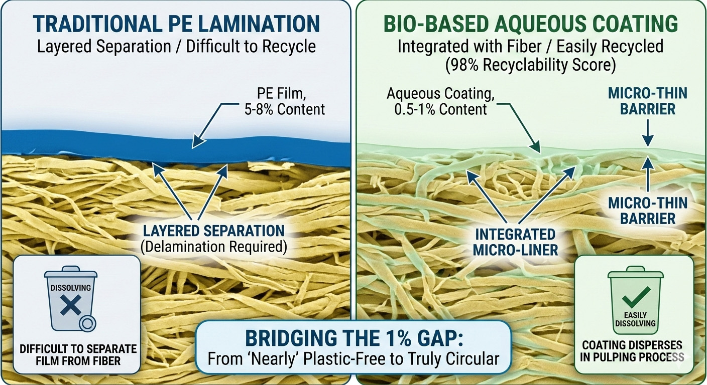 Microscopic structure of Bio-based aqueous coating vs PE lamination