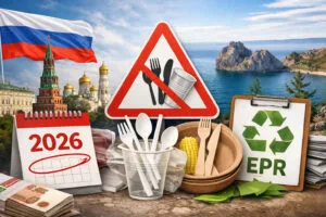 Russia 2026 single-use plastic ban and EPR reform illustration showing the Kremlin, a 2026 calendar, eco-friendly alternatives, and recycling symbols in front of Lake Baikal.