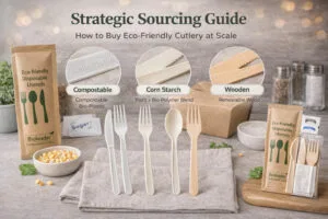 Eco-friendly cutlery comparison guide featuring CPLA, corn starch, and wooden utensils in a foodservice sourcing scene