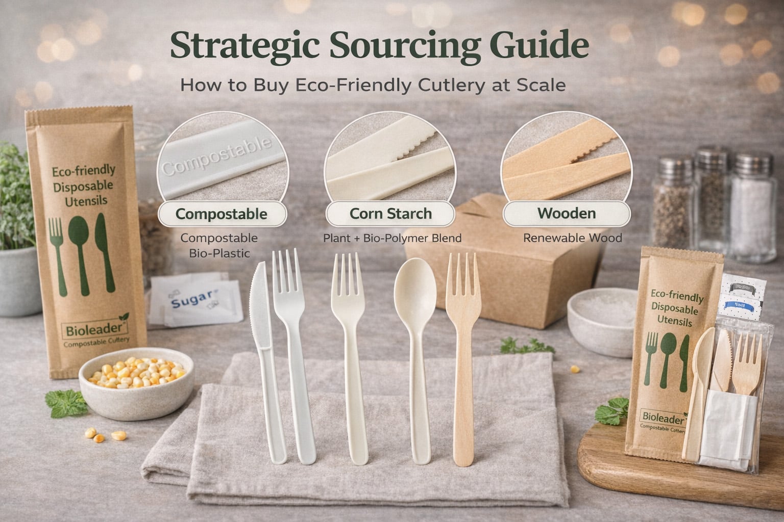 Eco-friendly cutlery comparison guide featuring CPLA, corn starch, and wooden utensils in a foodservice sourcing scene