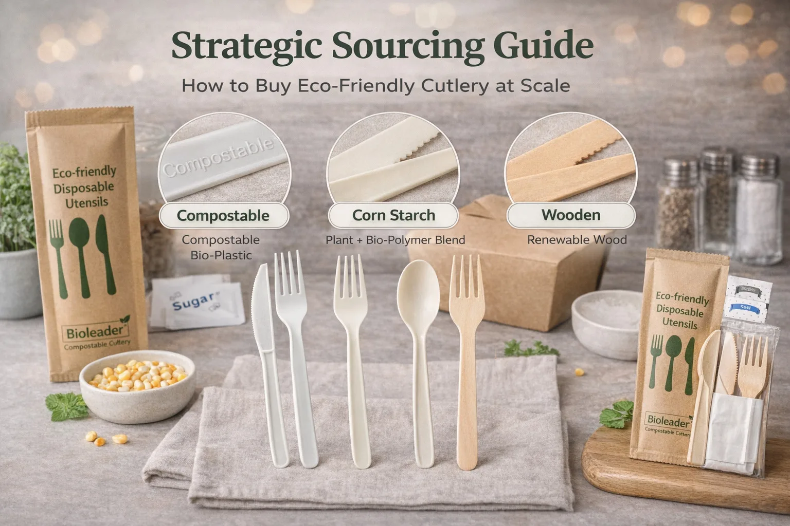 Eco-friendly cutlery comparison guide featuring CPLA, corn starch, and wooden utensils in a foodservice sourcing scene