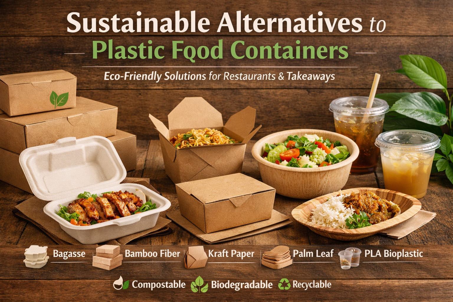 Sustainable alternatives to plastic food containers including bagasse, bamboo fiber, kraft paper, palm leaf, and PLA packaging