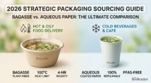 Sustainable packaging comparison between sugarcane bagasse bowl and aqueous paper cup for heat resistance and recyclability.