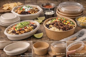 Tigelas de burrito descartáveis biodegradáveis da China, com tigelas de bagaço de cana-de-açúcar e tigelas de papel cheias de comida takeaway estilo Chipotle