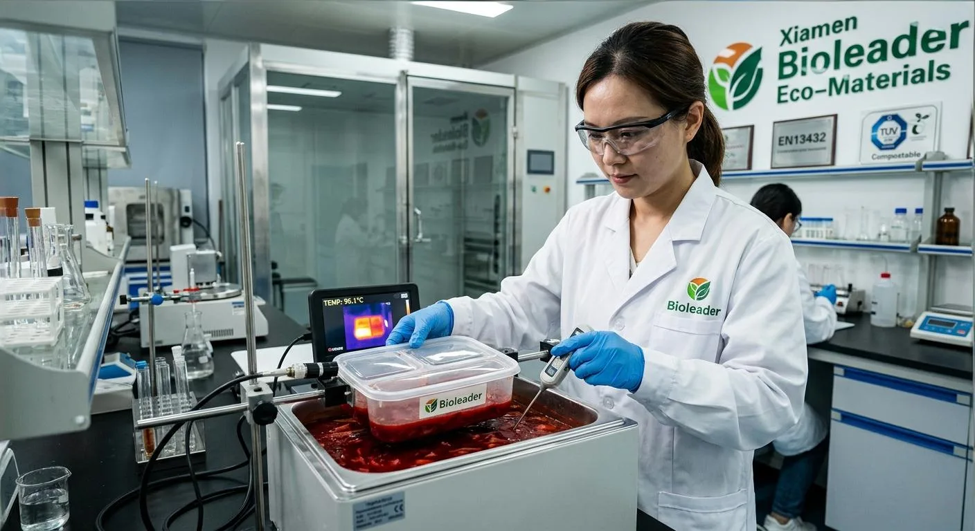 Especialista de laboratorio de Bioleader probando envases alimentarios reforzados con almidón de maíz para el mercado ruso, simulando las condiciones de entrega de Borscht a 95°C.