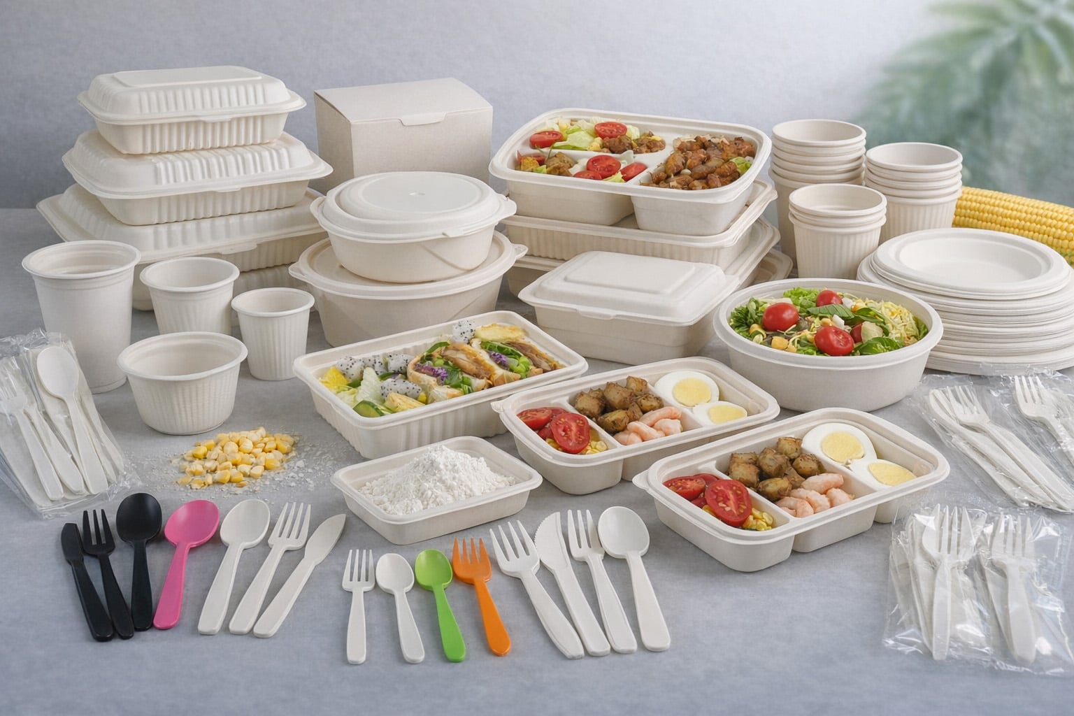 Uma coleção de produtos de mesa à base de amido de milho biológico, incluindo pratos, tigelas e recipientes, que apresenta soluções sustentáveis de embalagem de alimentos.