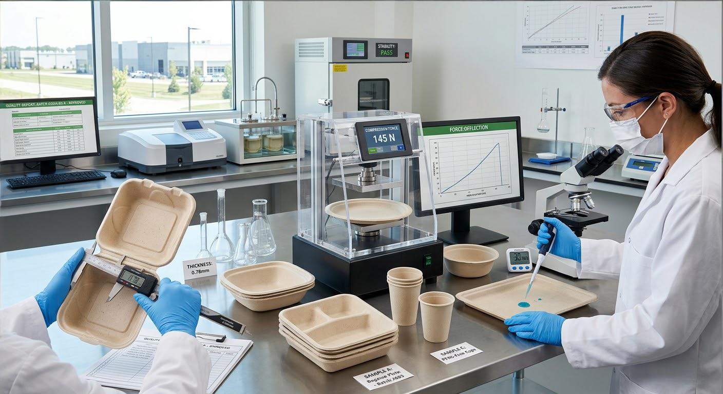 Инженер компании Bioleader проводит прецизионный контроль размеров и испытания на устойчивость к смазке изготовленных на заказ плит из целлюлозы и пищевых контейнеров из сахарного тростника в лабораторных условиях.