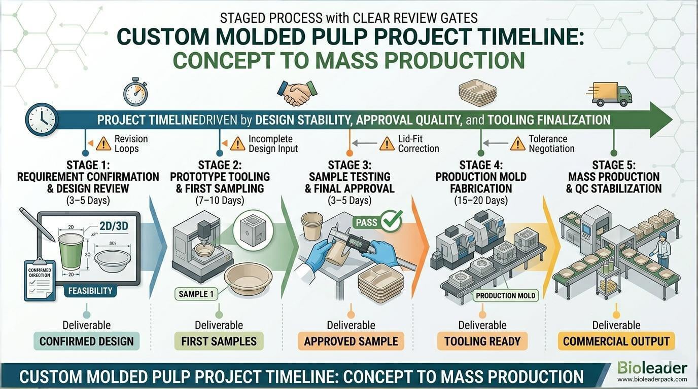 Всеобъемлющий пятиэтапный график реализации проекта по изготовлению посуды из сахарного тростника, включающий рассмотрение дизайна, создание прототипа, утверждение образца, изготовление пресс-формы и запуск массового производства на заводе Bioleader.