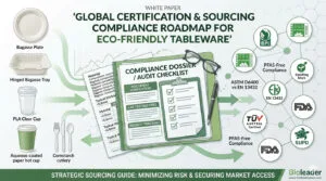 Global certification roadmap for eco-friendly tableware including BPI OK Compost PFAS-Free FDA and EN 13432 standards