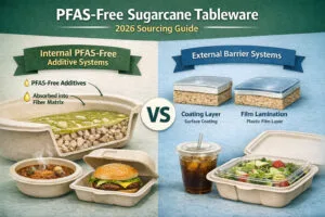PFASフリーのサトウキビ食器：内部添加剤システムと外部バリアシステムの比較