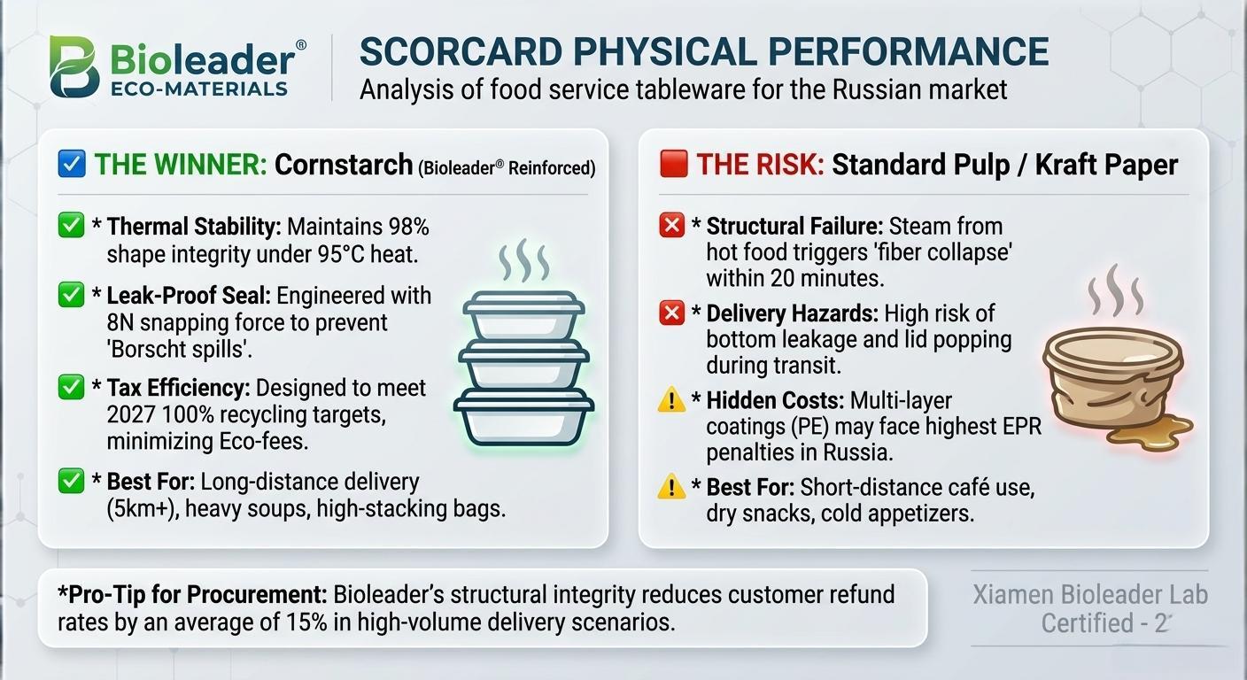 ロシアのEPRに準拠するため、バガスとコーンスターチの食品容器の熱変形温度と積層強度を比較したBioleader実験室のスコアカード。.