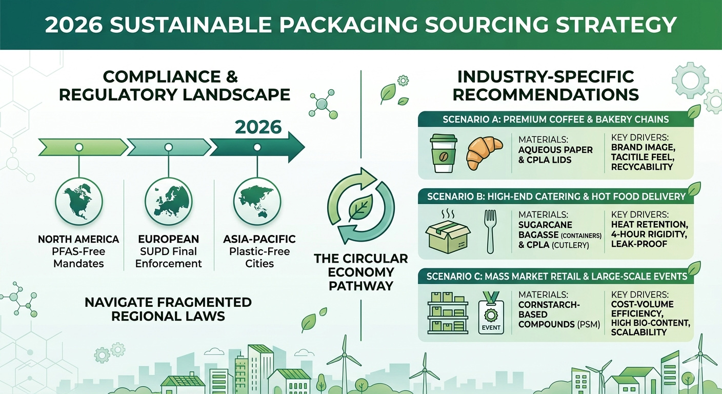 Comprehensive infographic showing global packaging compliance, circular economy pathways, and industry-specific material recommendations for bagasse and aqueous paper.