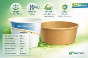 Revestimento à base de água da Bioleader num copo de papel branco e numa taça de papel kraft, com métricas essenciais (atualização 2026)